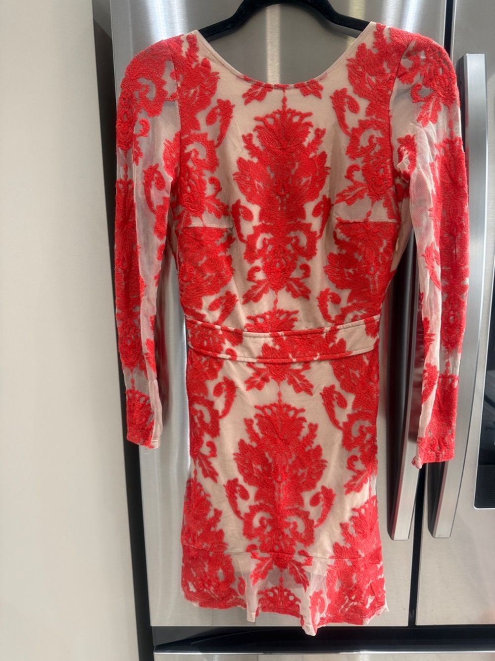 For Love & Lemons Red Lace-Overlay Long Sleeve Dress